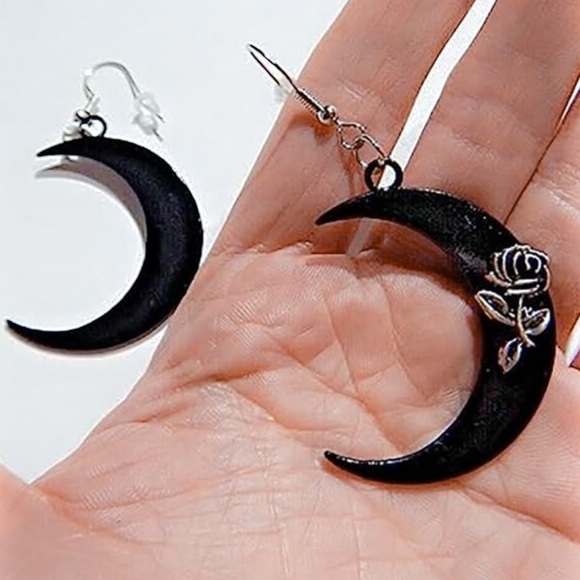 Any 3/$25! Black Crescent Moon w/Antiqued Rose Drop Earrings - Picture 5 of 9